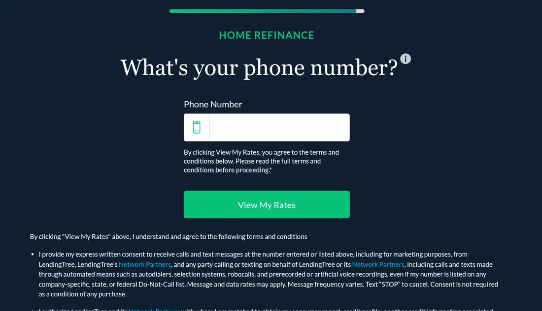 LendingTree multi-step form screen 14: the phone number, with the View My Rates button and the call and text consent