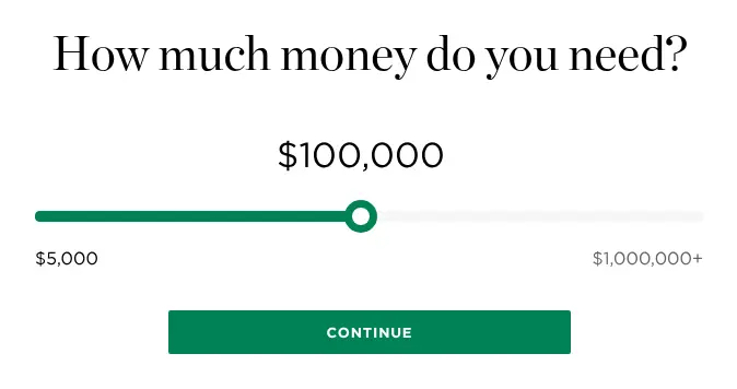NerdWallet multi-step form screen 1: how much money you need, on a slider from $5,000 to $1,000,000+