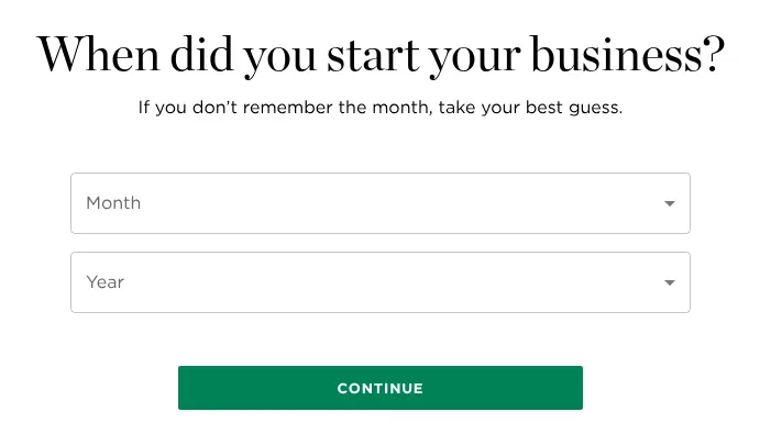 NerdWallet multi-step form screen 2: the month and year the business started, from two dropdowns