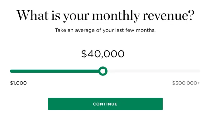 NerdWallet multi-step form screen 3: average monthly revenue, on a slider from $1,000 to $300,000+