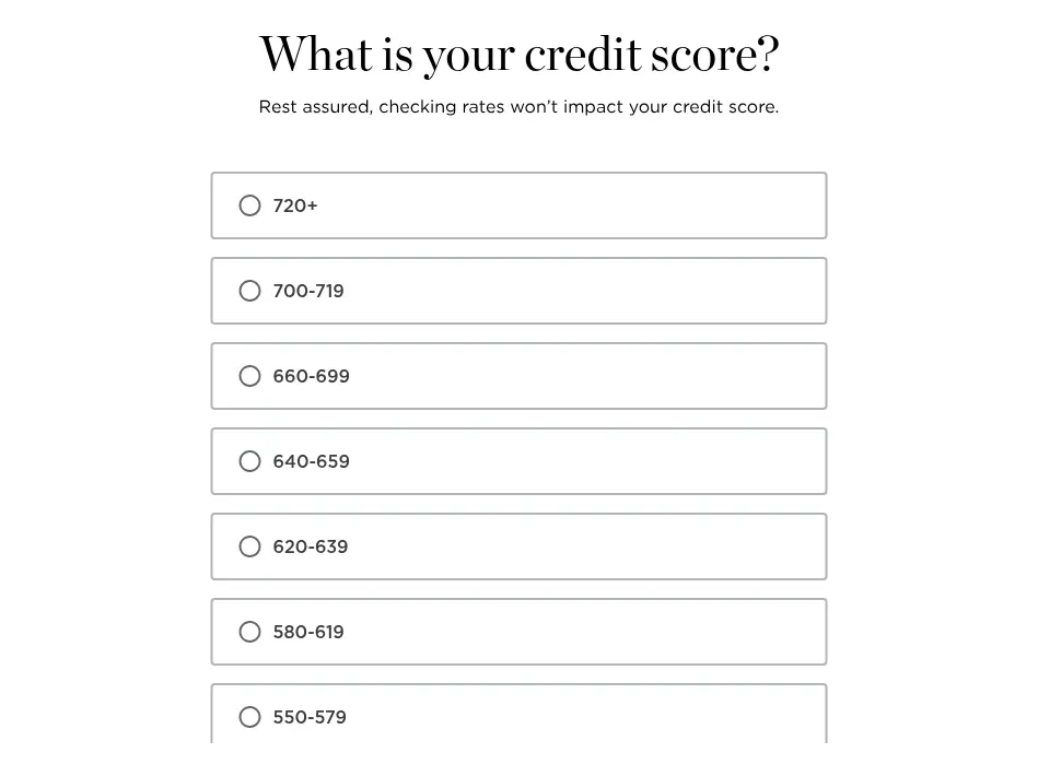 NerdWallet multi-step form screen 4: your credit score range, as a list of radio options