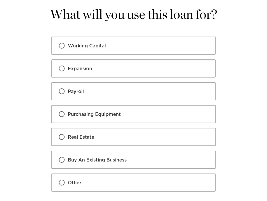 NerdWallet multi-step form screen 5: what the loan is for, such as working capital, expansion or payroll