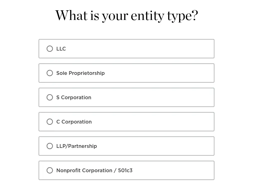 NerdWallet multi-step form screen 8: the legal entity type, such as LLC, sole proprietorship or corporation