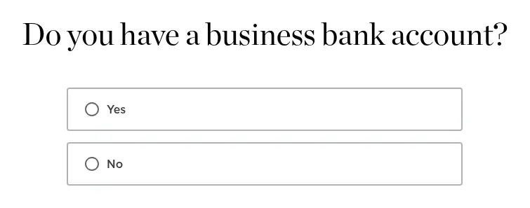 NerdWallet multi-step form screen 11: whether you have a business bank account, yes or no