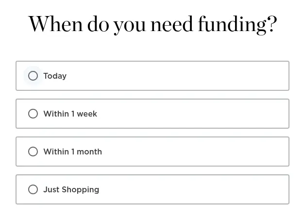 NerdWallet multi-step form screen 12: when you need the funding, from today to just shopping