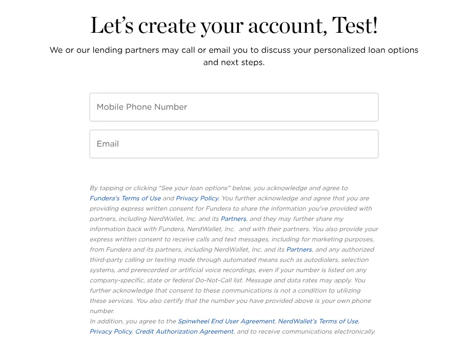 NerdWallet multi-step form screen 13: your mobile phone and email, with the consent text for calls and texts