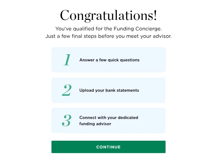 NerdWallet multi-step form screen 14: a result screen saying you qualified for the Funding Concierge, with the three next steps