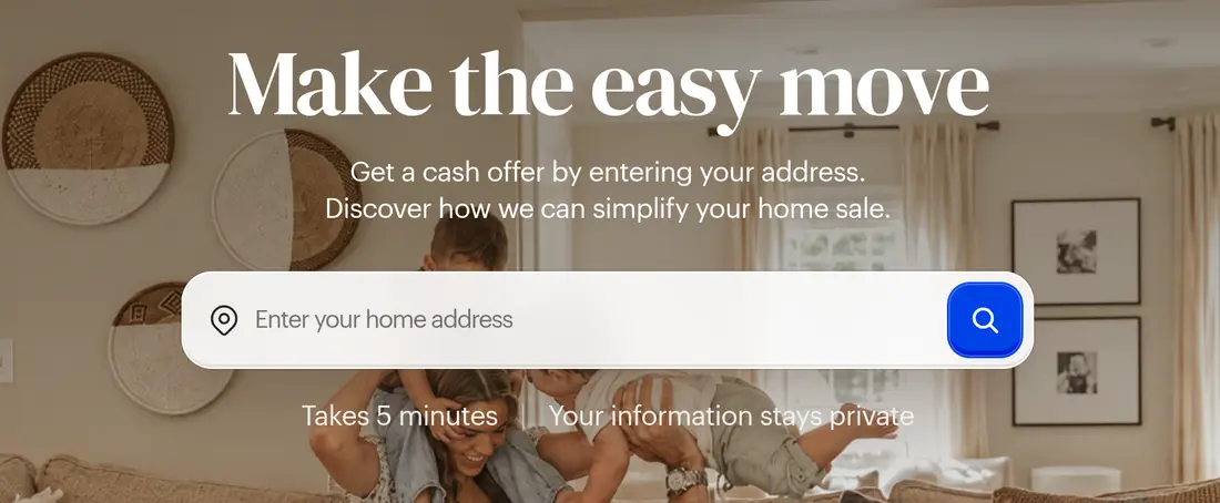 Opendoor multi-step form screen 1: the home address, typed into the search field in the homepage hero