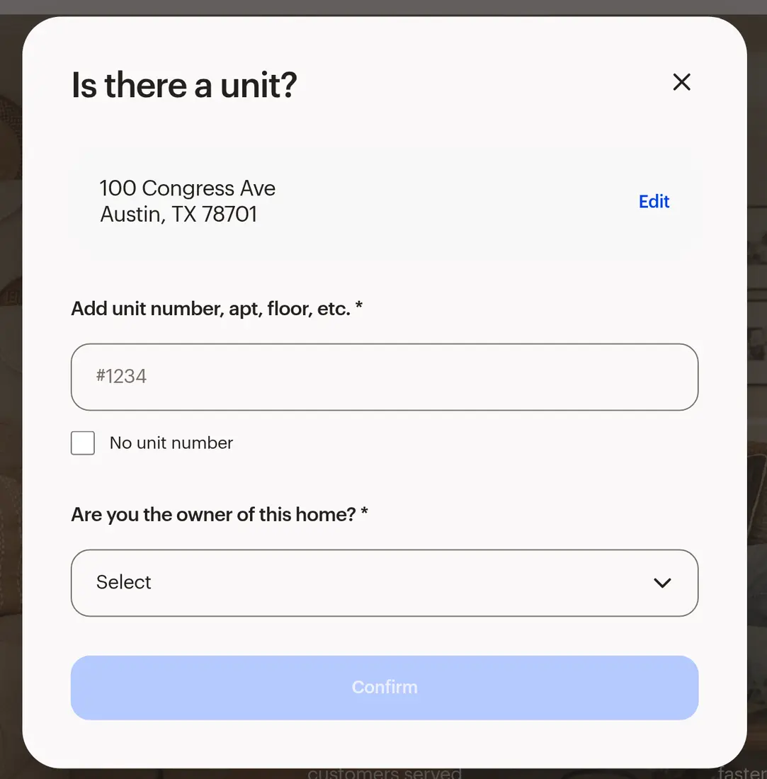 Opendoor multi-step form screen 2: the unit number, or No unit number, and whether you own the home, in a pop-up over the hero