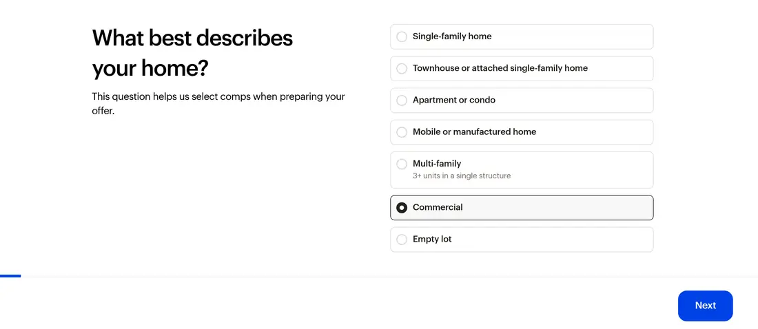 Opendoor multi-step form screen 3: the type of home, from single-family to empty lot