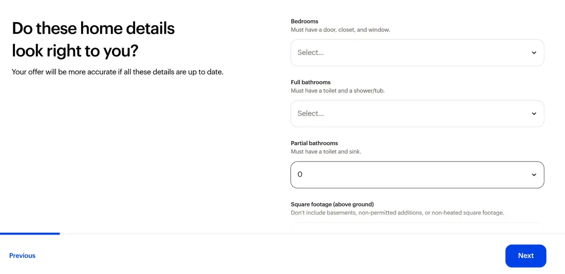 Opendoor multi-step form screen 4: the number of bedrooms and bathrooms and the square footage, as dropdowns and number fields