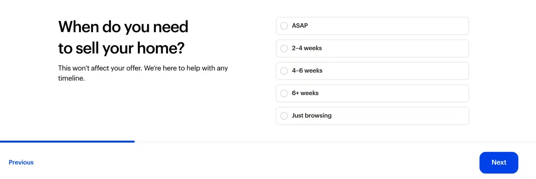 Opendoor multi-step form screen 5: when you need to sell, from as soon as possible to just browsing