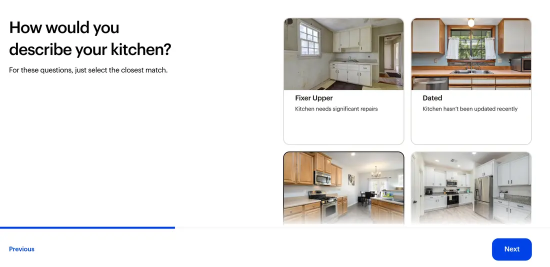 Opendoor multi-step form screen 6: the kitchen&#x27;s condition, picked from photo tiles that start at fixer upper and dated