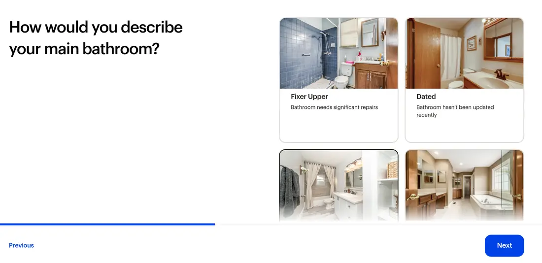 Opendoor multi-step form screen 7: the main bathroom&#x27;s condition, picked from photo tiles