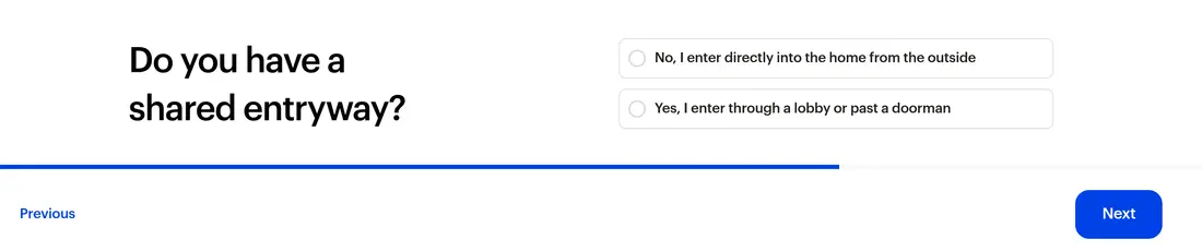 Opendoor multi-step form screen 11: whether you enter the home directly or through a lobby