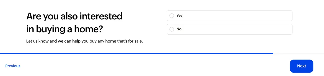 Opendoor multi-step form screen 13: whether you also want to buy a home