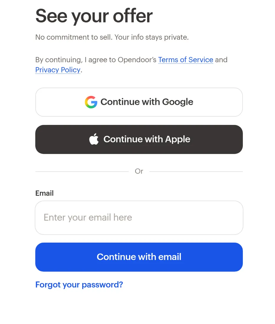 Opendoor multi-step form screen 15: a sign-in gate before the offer, with Google, Apple or email