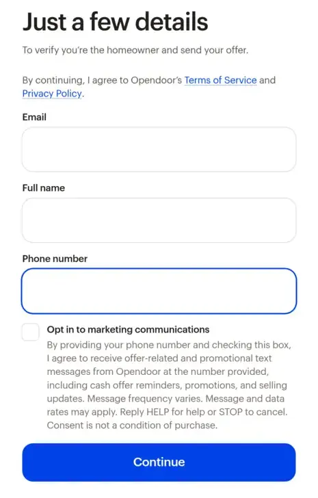 Opendoor multi-step form screen 16: contact details headed Just a few details, with empty fields and an unchecked marketing text opt-in