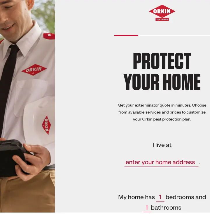 Orkin multi-step form screen 1: a fill-in sentence asking for the home address and the number of bedrooms and bathrooms