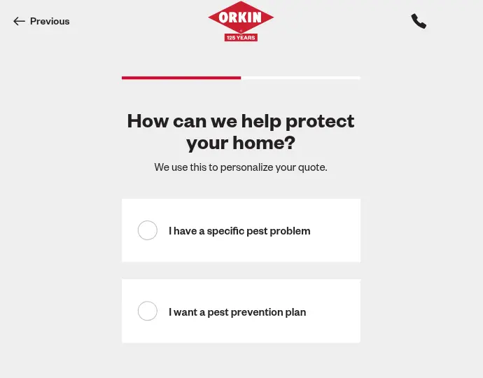 Orkin multi-step form screen 3: choose between a specific pest problem and a prevention plan