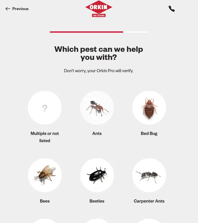 Orkin multi-step form screen 4: pick the pest from a grid of illustrated options