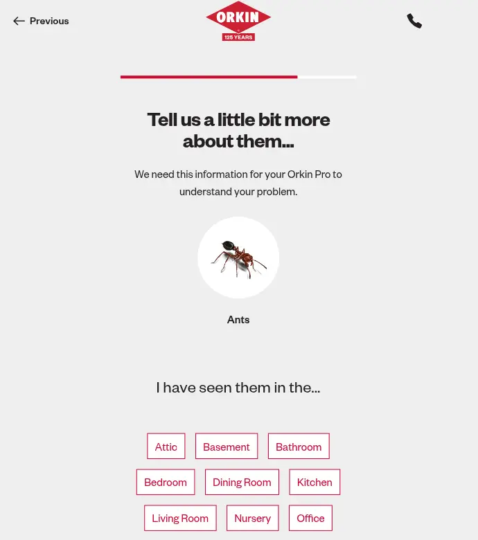 Orkin multi-step form screen 5: say which rooms the pests were seen in and when