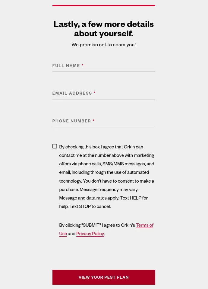 Orkin multi-step form screen 7: full name, email and phone, then view your pest plan