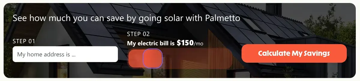Palmetto multi-step form screen 1: your home address and monthly electric bill, in a widget inside a blog article