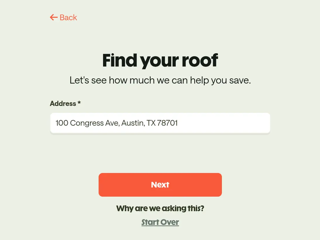 Palmetto multi-step form screen 2: your home address again, to find your roof