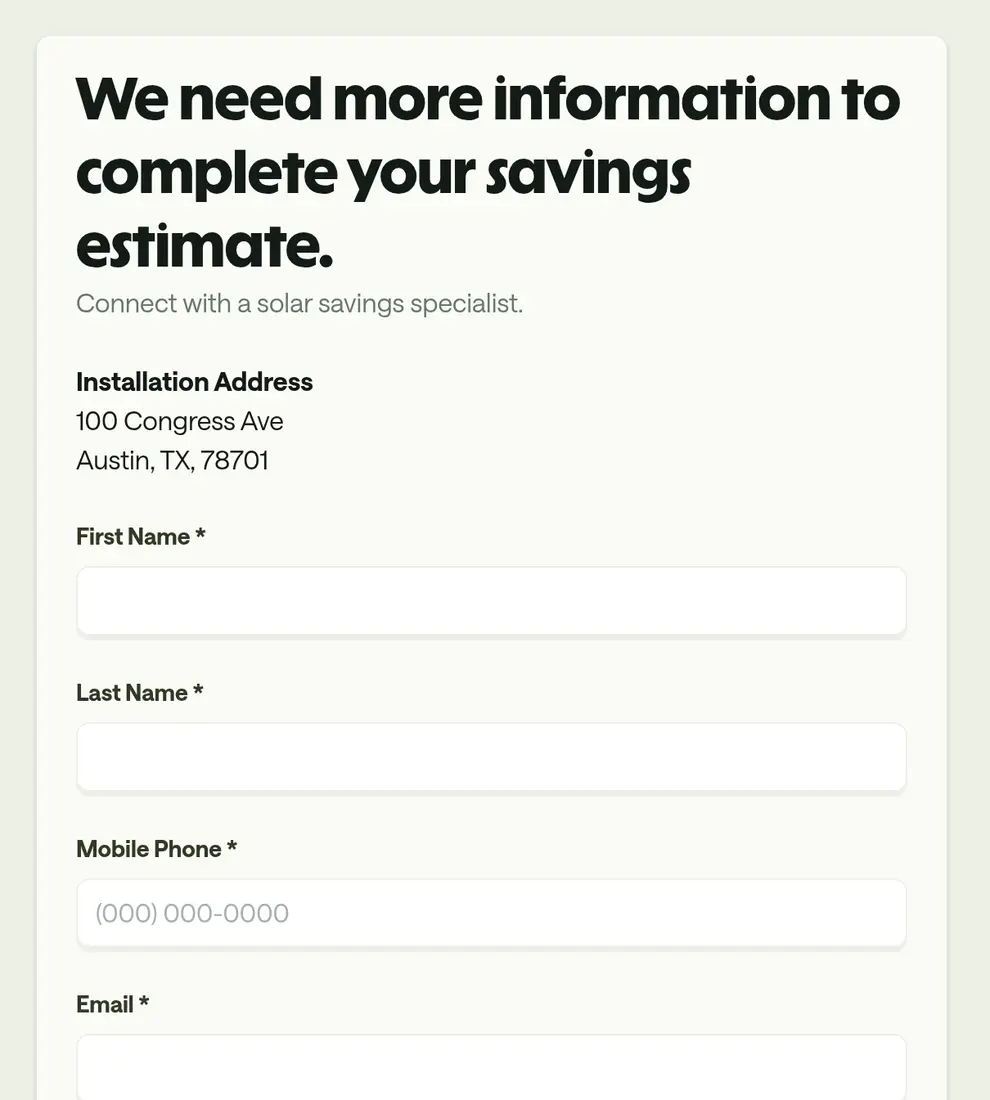 Palmetto multi-step form screen 3: your first name, last name, mobile phone and email, under the installation address