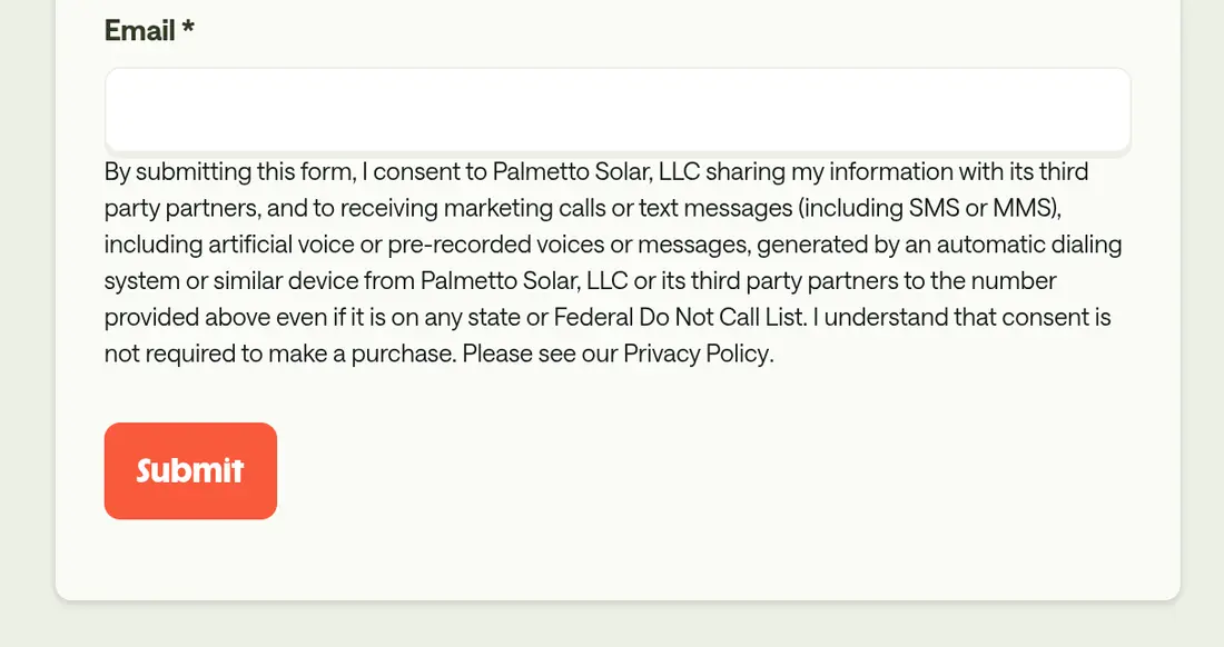 Palmetto multi-step form screen 4: the lower half of the contact screen, with the consent text and the Submit button