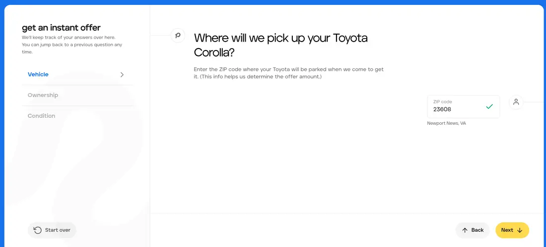 Peddle multi-step form screen 2: the ZIP code where the car will be picked up