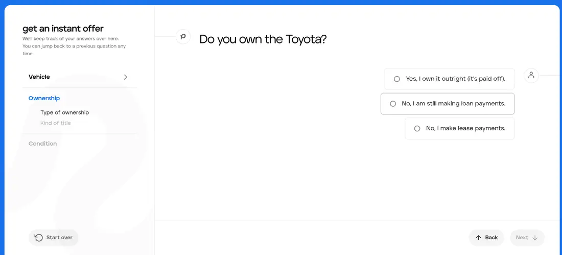 Peddle multi-step form screen 3: whether you own the car outright, are paying a loan, or lease it