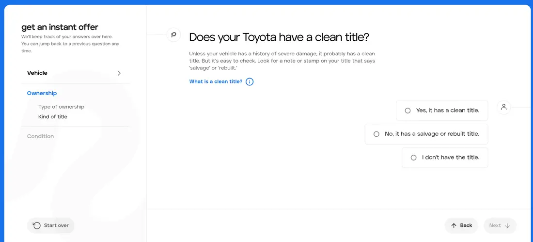 Peddle multi-step form screen 4: whether the car has a clean, salvage or missing title