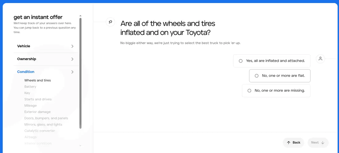 Peddle multi-step form screen 5: whether the wheels and tires are inflated, flat or missing