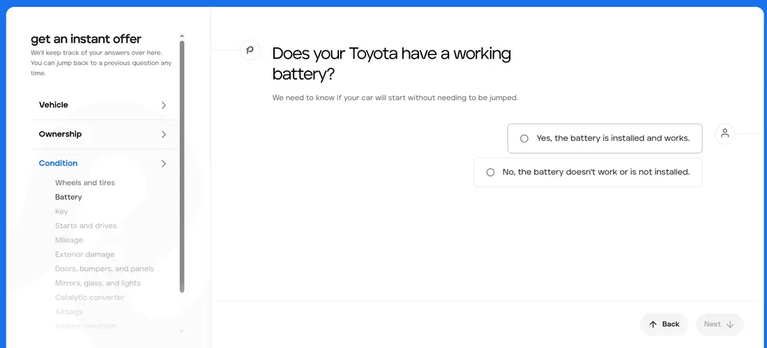 Peddle multi-step form screen 6: whether the car has a working battery
