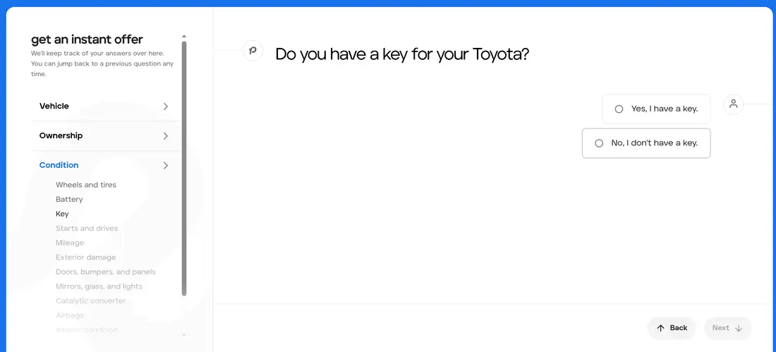 Peddle multi-step form screen 7: whether you have a key for the car