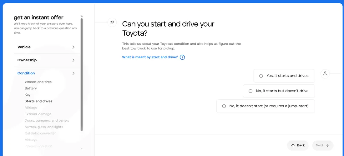 Peddle multi-step form screen 8: whether the car starts and drives