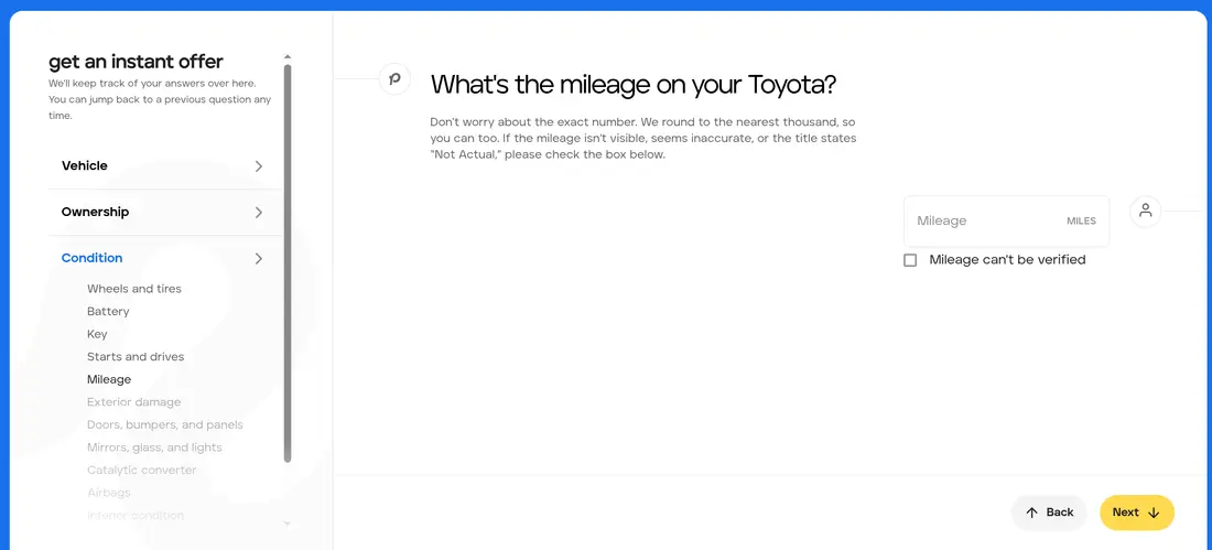 Peddle multi-step form screen 9: the mileage, in a number field with a mileage can&#x27;t be verified checkbox