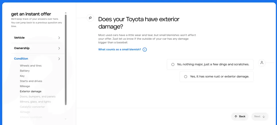 Peddle multi-step form screen 10: whether the car has rust or exterior damage