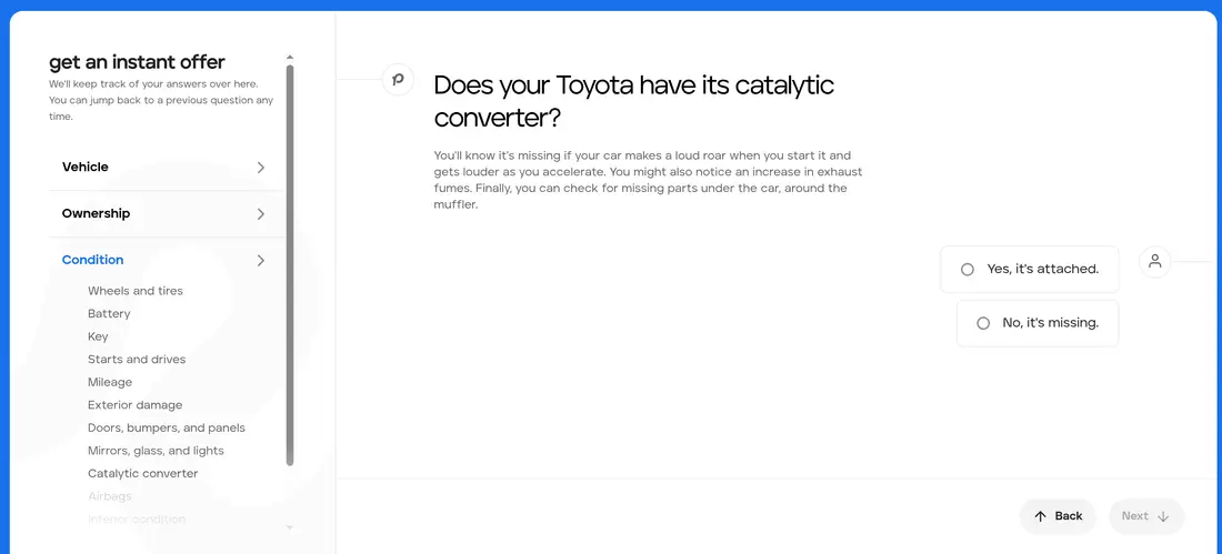 Peddle multi-step form screen 14: whether the catalytic converter is still attached