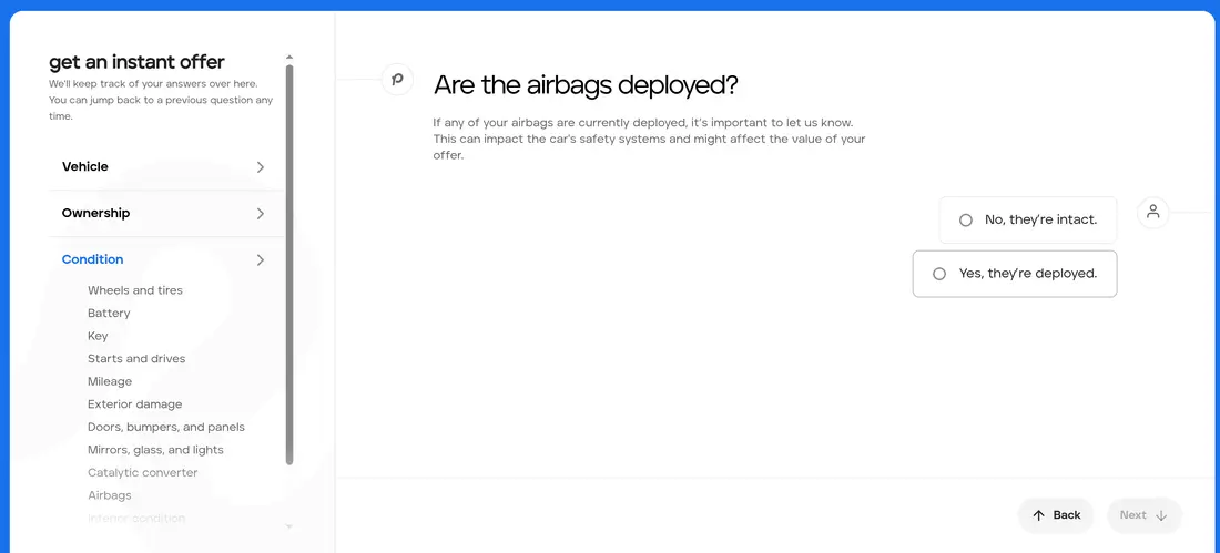 Peddle multi-step form screen 15: whether the airbags have been deployed