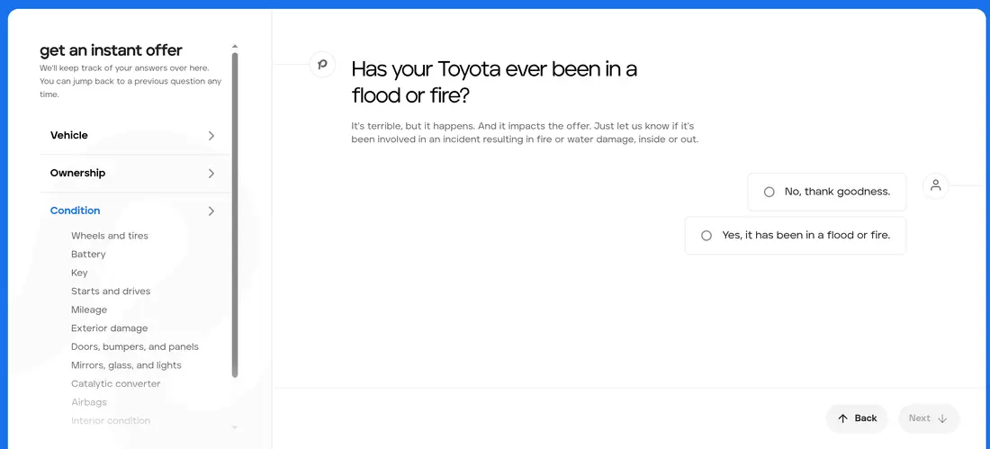 Peddle multi-step form screen 17: whether the car has been in a flood or fire