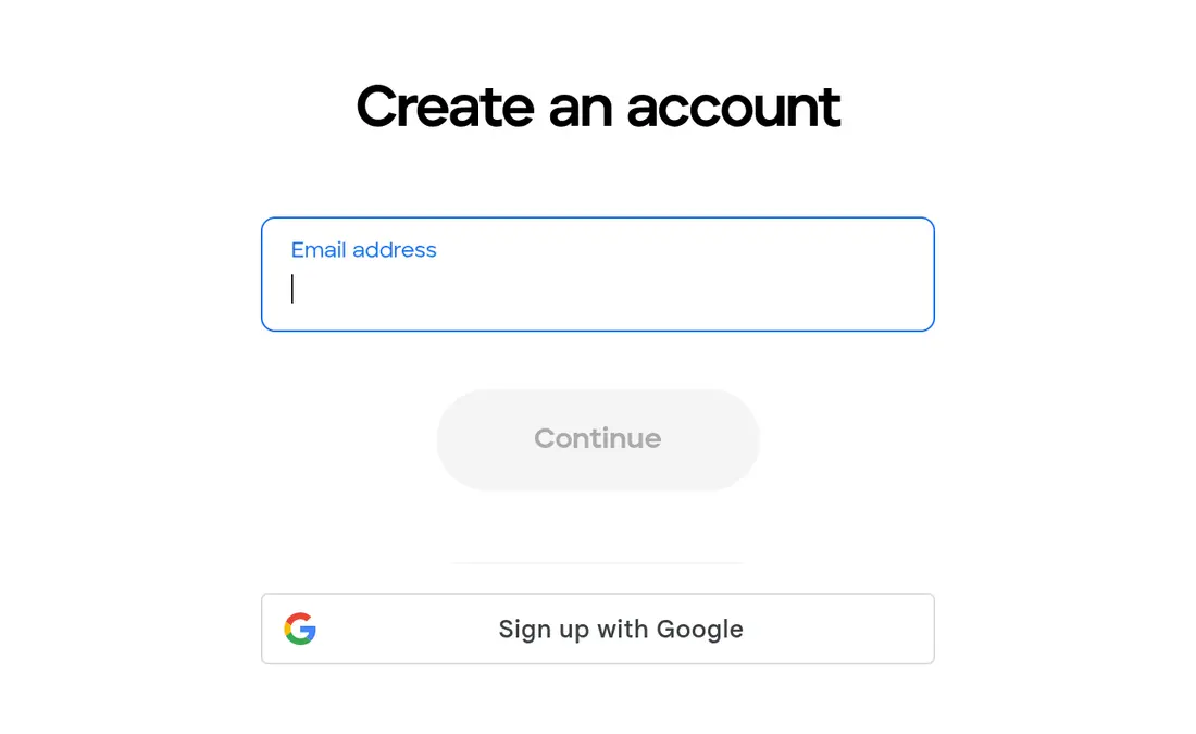 Peddle multi-step form screen 19: your email address to create an account, or sign up with Google