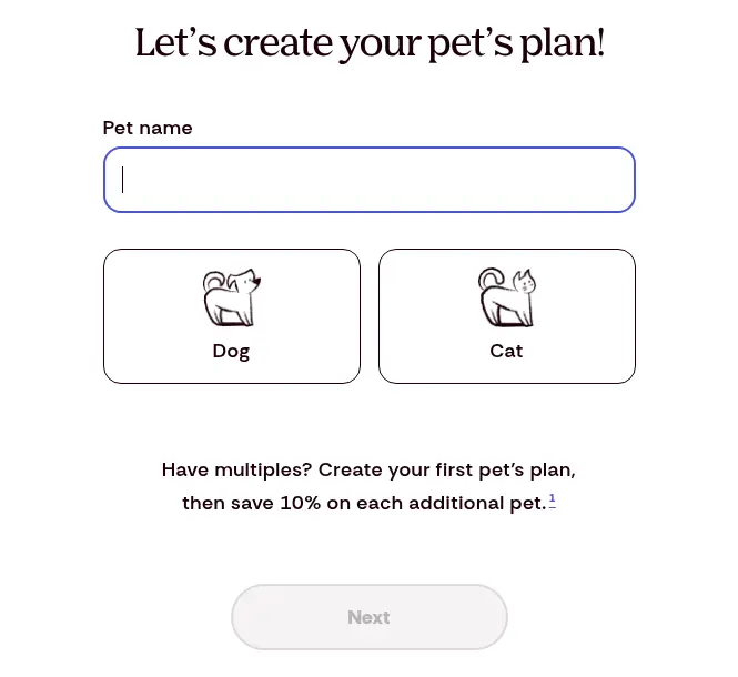 Pumpkin multi-step form screen 1: asks for the pet&#x27;s name and whether it is a dog or a cat
