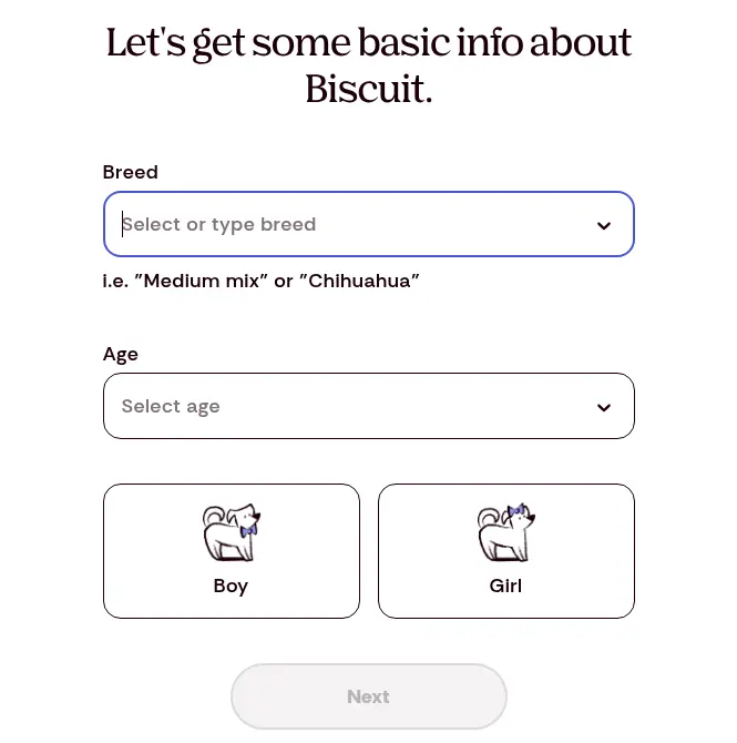 Pumpkin multi-step form screen 2: asks for the dog&#x27;s breed, age and whether it is a boy or a girl