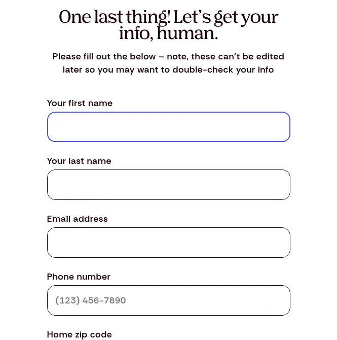 Pumpkin multi-step form screen 3: asks for the owner&#x27;s first name, last name, email, phone number and home ZIP code