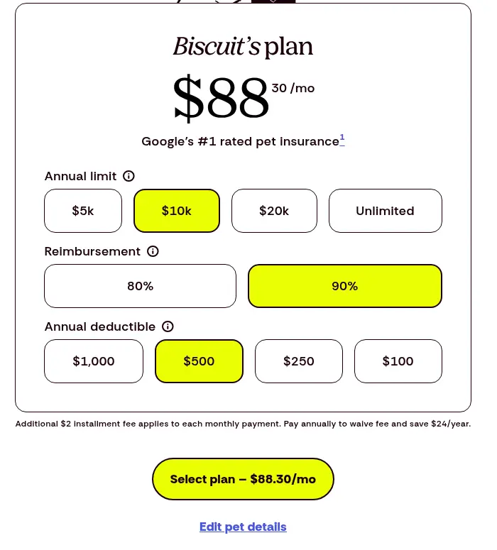Pumpkin multi-step form screen 6: monthly price with choices for annual limit, reimbursement and deductible, and a Select plan button
