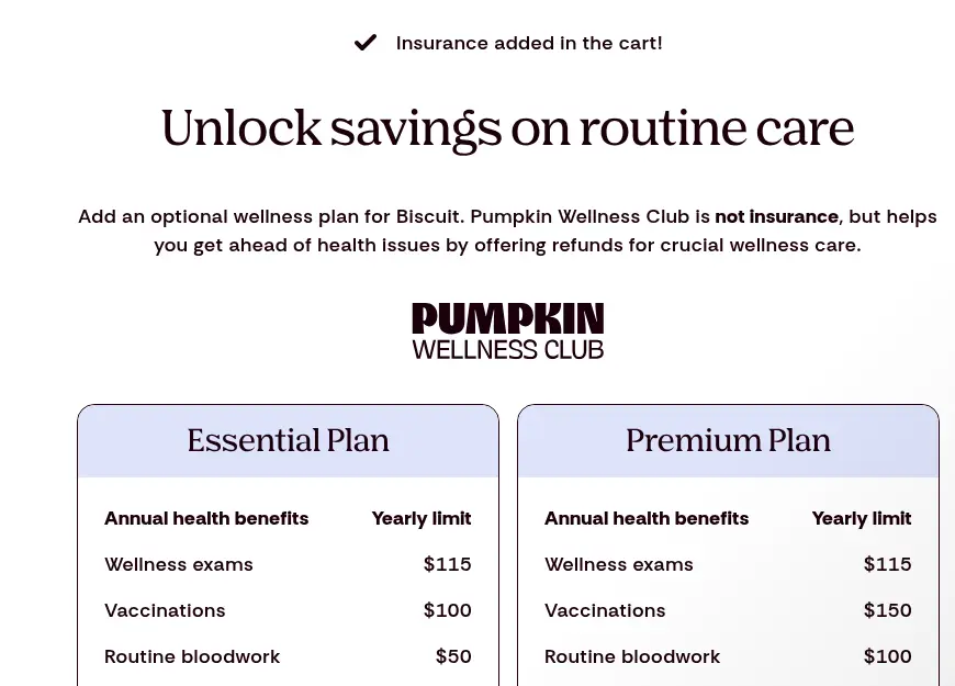Pumpkin multi-step form screen 7: offers an optional Essential or Premium wellness plan after the insurance is added to the cart