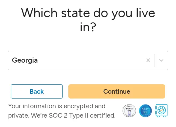 SuperMoney multi-step form screen 2: your state, from a searchable dropdown